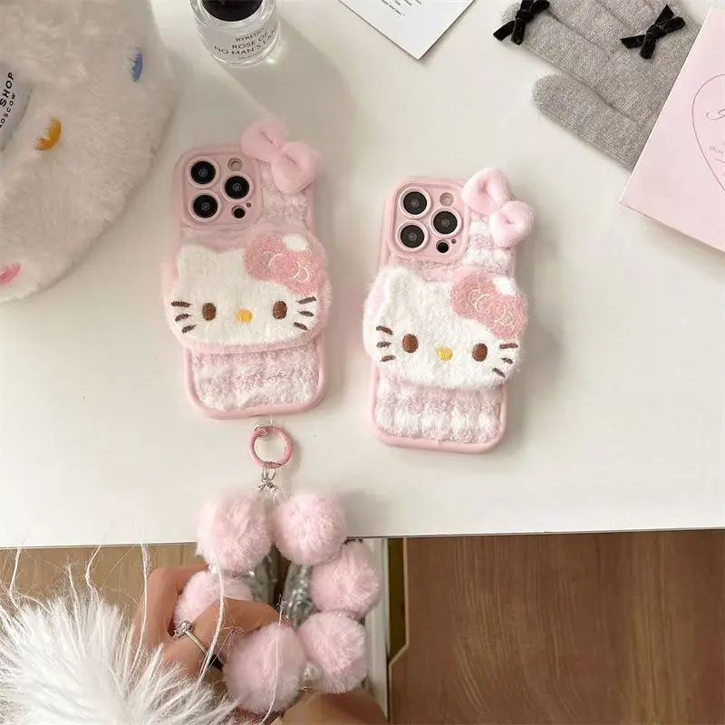 

Cartoon Cute Fluffy Hello Kitty Phone Case for iPhone 16 Pro Max iPhone 15 Pro 14 Plus 13 Full Coverage Phone Protective Cover