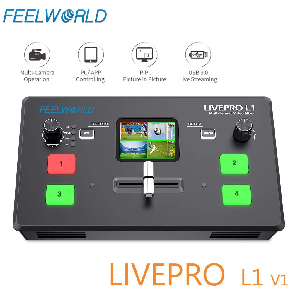 FEELWORLD LIVEPRO L1 V1 Mezclador de vídeo multiformato Conmutador 4 entradas HDMI Producción de cámara USB3.0 Transmisión en vivo Youtube