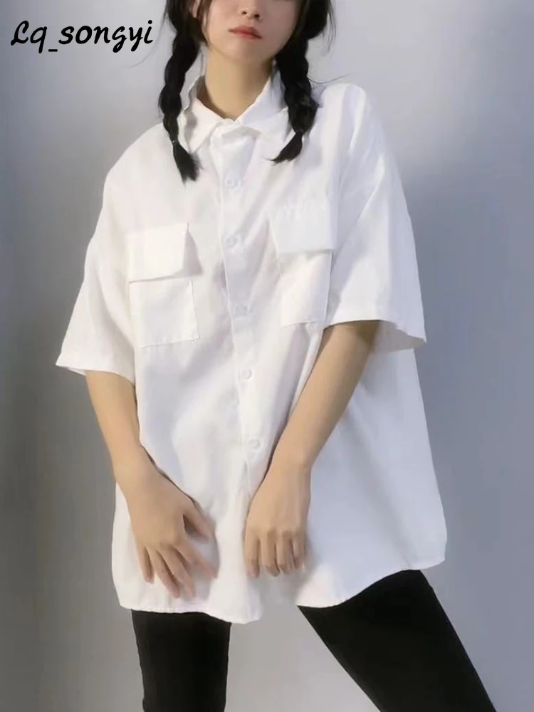 

Lq_songyi Overszied White Shirts Summer Women Blouse Loose Double Pockets Tops Loose BF Korean Style Blusas Student Blouses