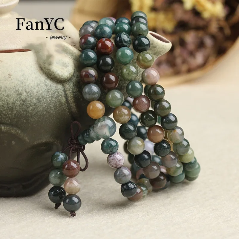 Natural Water Grass Agate Bracelet 108 Colorful Jade Chinese Knot Accessory Necklace Fashion Jewelry Gift for Men and Women