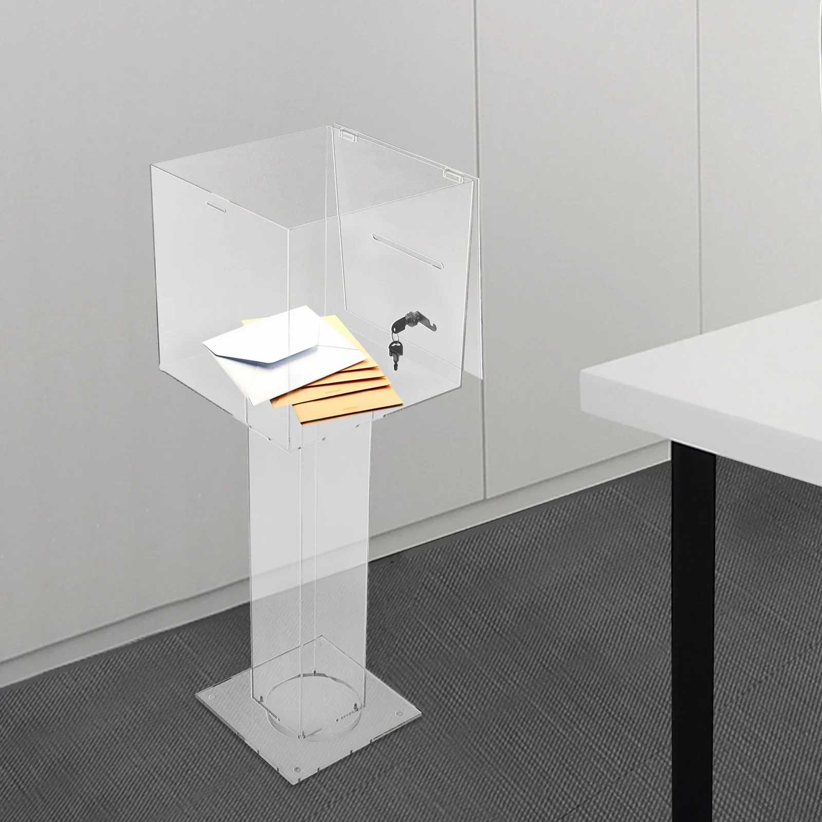 

Modern Clear Acrylic Donation Box with Lock 12x12x34.2in, Free-Standing Suggestion Ballot Box for Restaurants, Hotels & Events