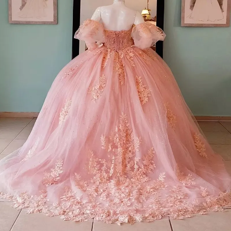 ANGELSBRIDEP Glittering Blush Pink Quinceanera Dresses Puffy Sleeves Beading Lace Vestidos De 15 Anos Birthday Party Customized