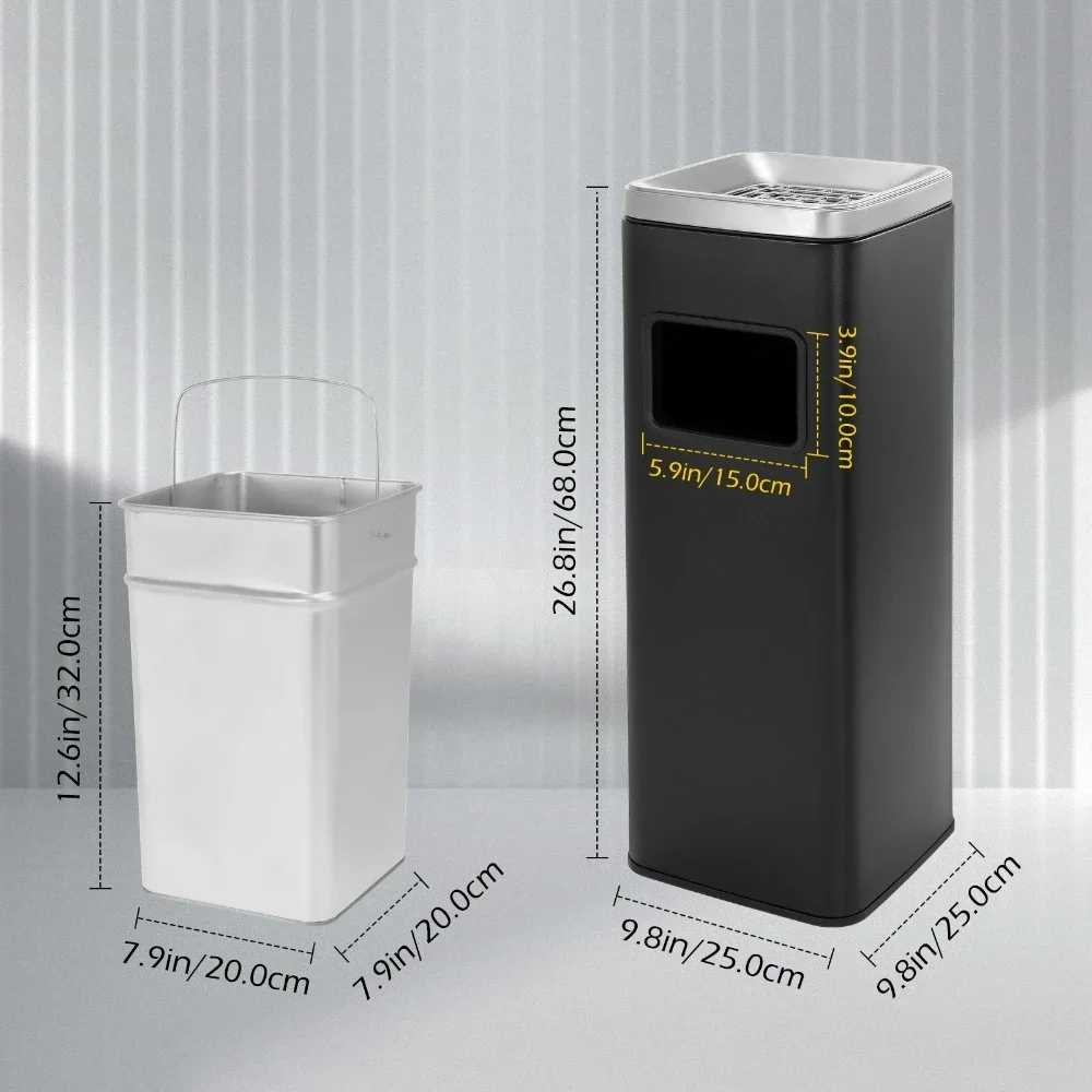 Large Floor Stand Trash Can 25x25x68cm Outdoor Garbage Enclosure Stainless Steel Garbage Bin Ashtray Waste Container Black