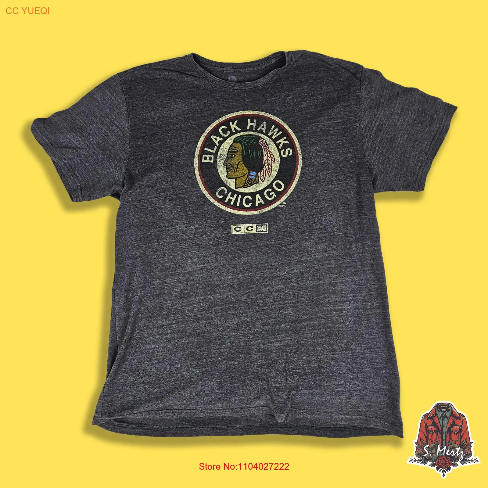 Chicago Black Hawks Hockey short sleeve 100% Cotton t-shirt in dark gray. Size X