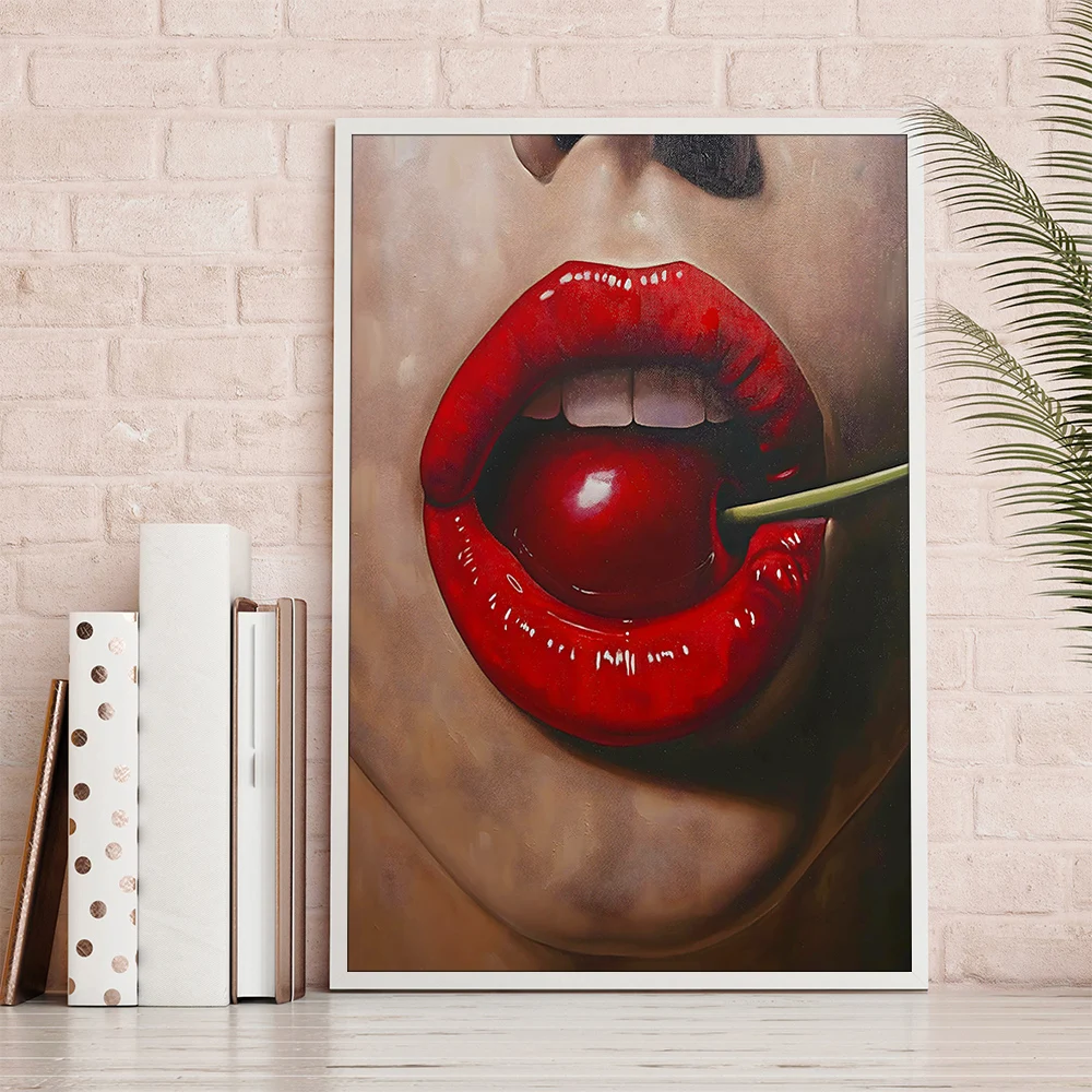 Red Lip and Cherry Wall Art Canvas Painting Posters and Prints Home Decor Items Illustration Mural