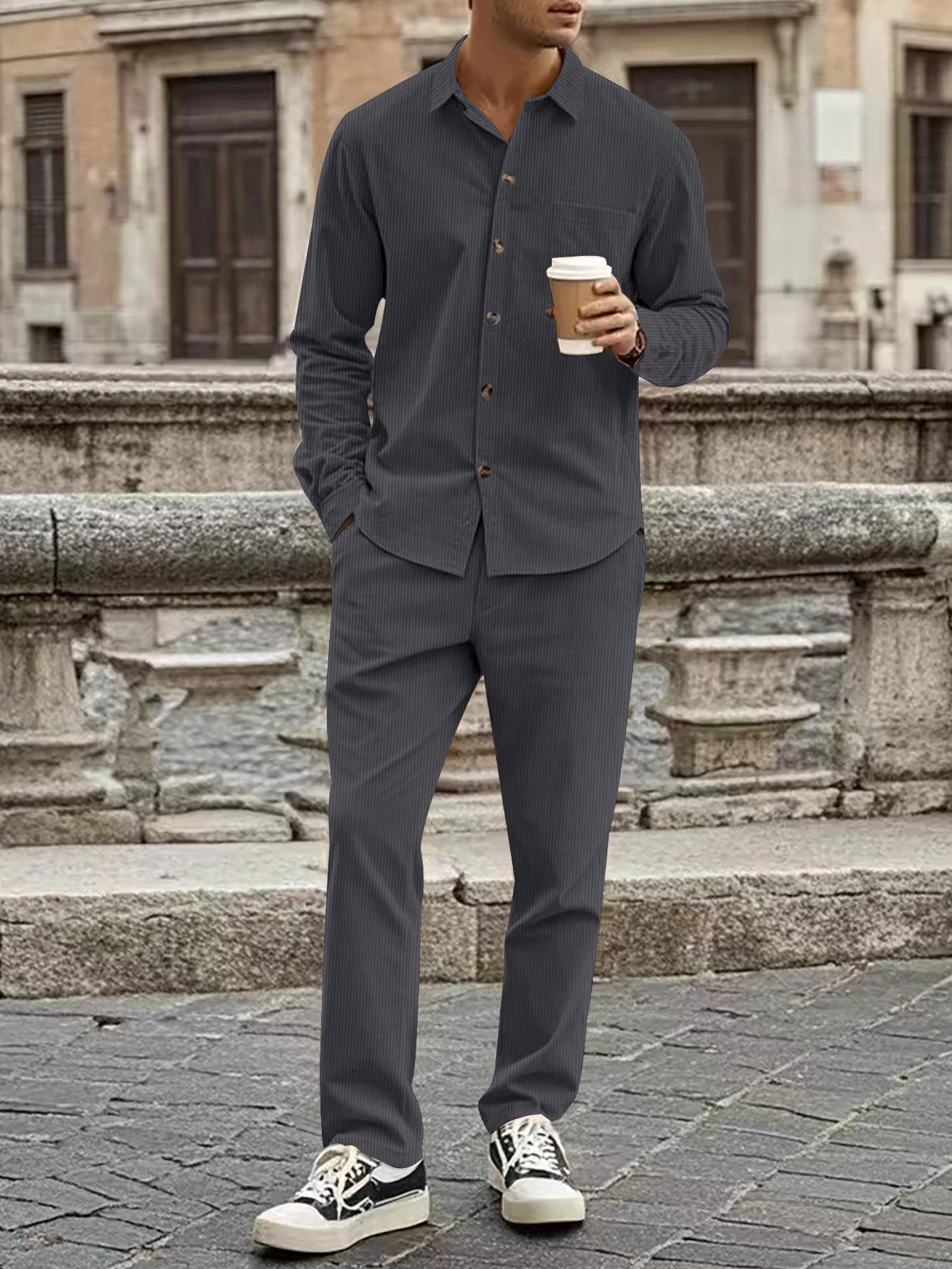 

Men's 2-Piece Suit High Quality Corduroy Soft Fabric Casual Button Down Cardigan Long Sleeve and Long Pants Spring Autumn Suit