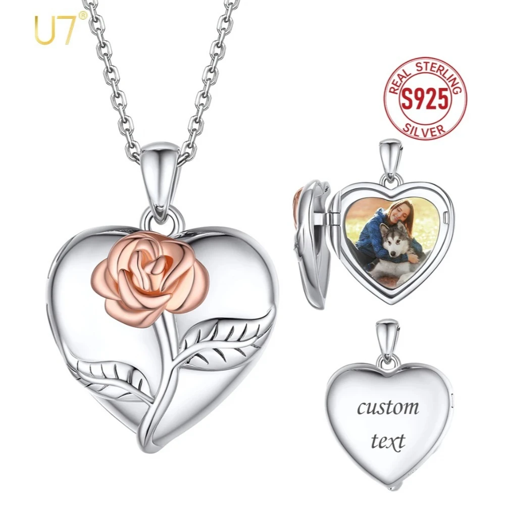 

U7 Custom 925 Silver 3D Rose Embossed Heart Photo Locket Necklace for Women Memorial Pictures Personalized Jewelry Gift for Her