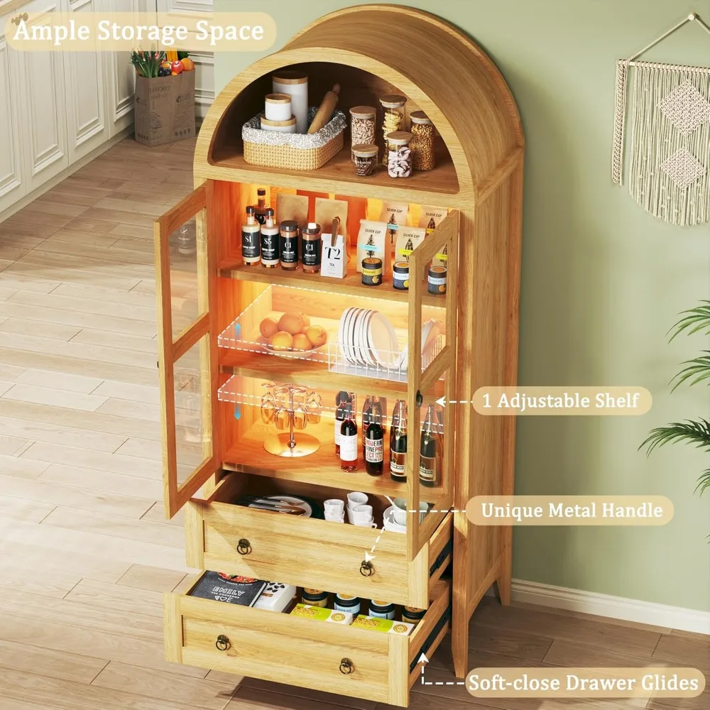 

71" Tall Pantry Cabinet, Arched Cabinet with LED Lights, Kitchen Storage Cabinets with 2 Large Drawers & Adjustable Shelves & Gl