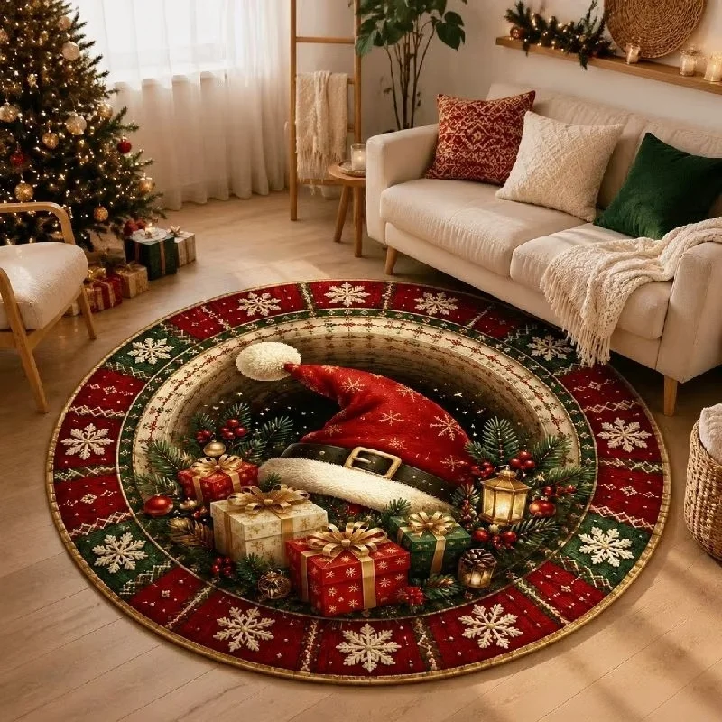 Round Christmas Area Rug 3D Cabin Hatch Snowman Gift Snowflake Print Floor Mat Holiday Living Room Home Decor Carpet