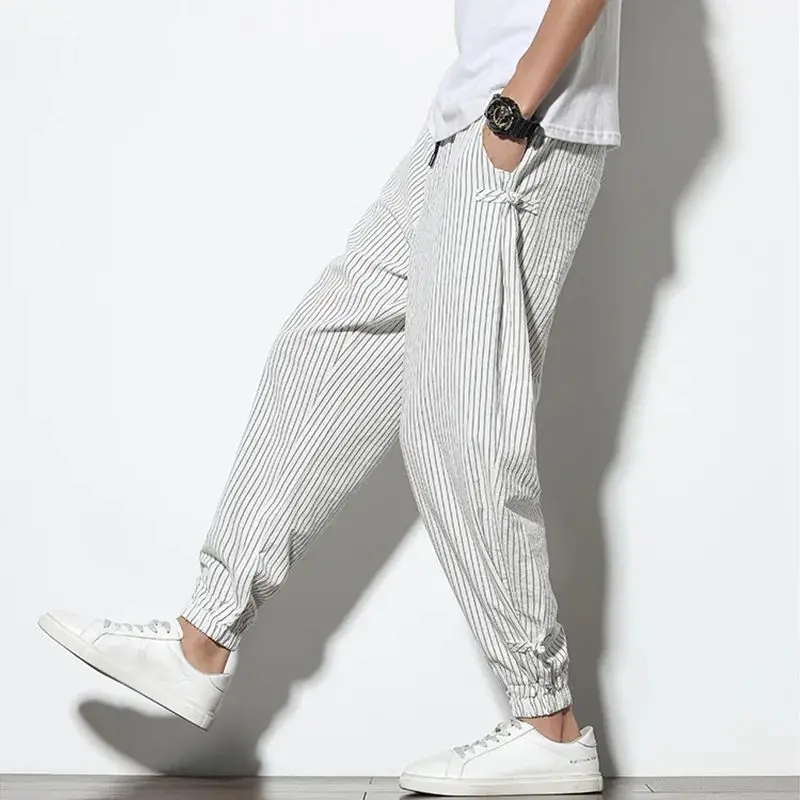 

Spring Summer Mens Breathable Disc Bule Striped Harem Pants Straight Leg Casual Trousers Eighteen Length Youthful Vitali ...
