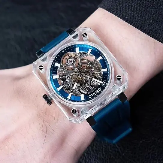 

OBLVLO Men Automatic Watch 41.8mm Square Mechanical Wristwatch Acrylic Case 5ATM Sapphire Mirror Luminous Skeleton Dial 1A00 Mov