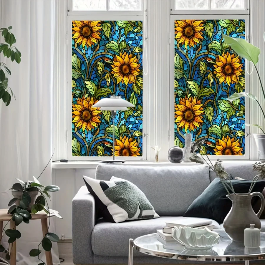 1Pc Zonnebloem Landschap Kleur Glas Raam Film Decoratie Elektrostatische Privacy Glasfilm Raamfolie Slaapkamer Woonkamer Bad