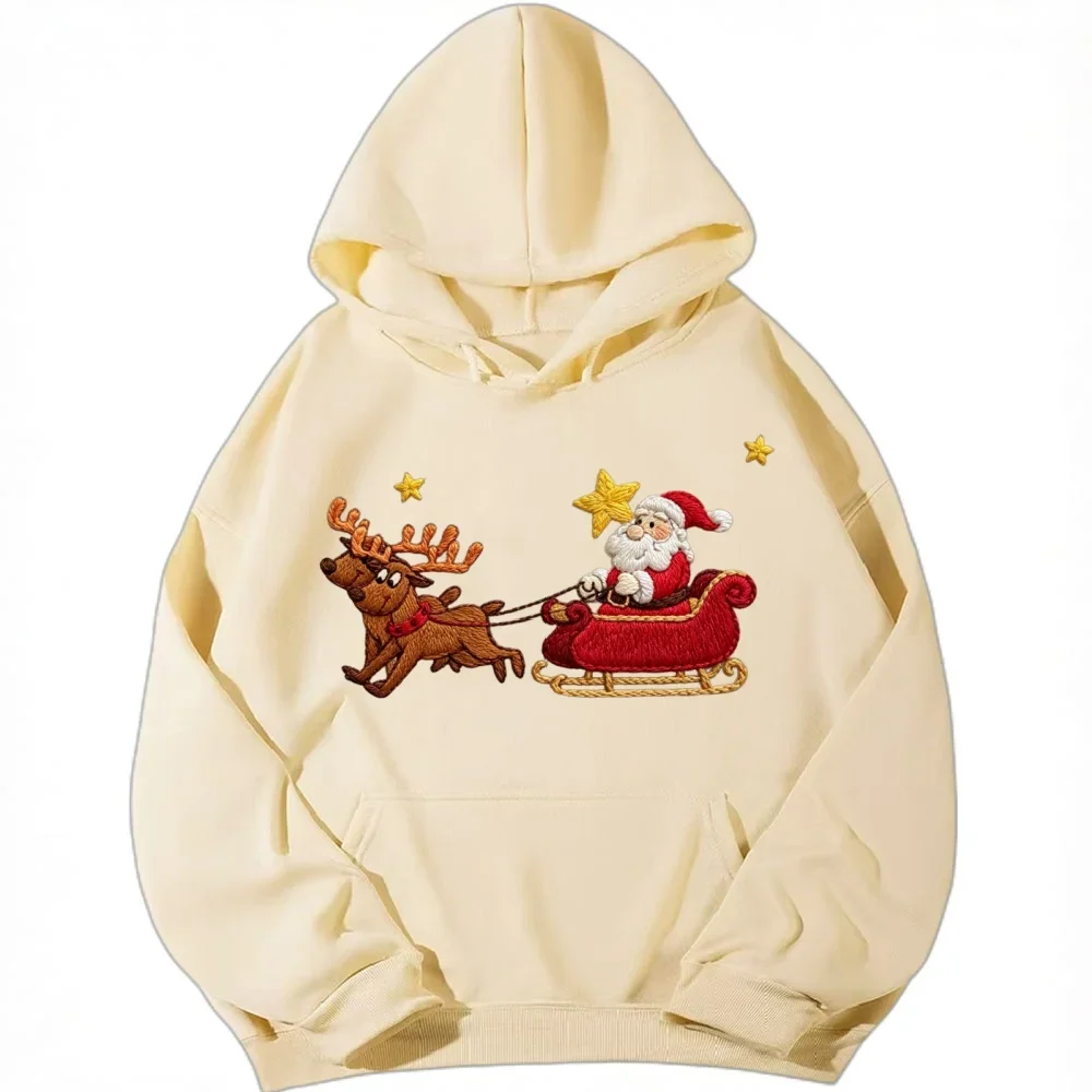 Merry Christmas Hoodies Imitation Embroidery Cute Santa Claus Printed Women Cartoon Reindeer Funny Printed Sweatshirt Female