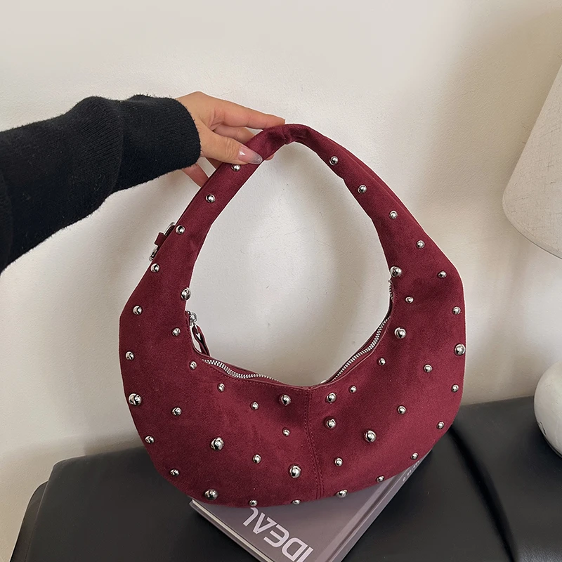 

Fashion Suede Single Shoulder Bags Hot Sale Sweet Versatile Commuting Sewing Thread Rivet Decoration Women's Top-Handle Bags