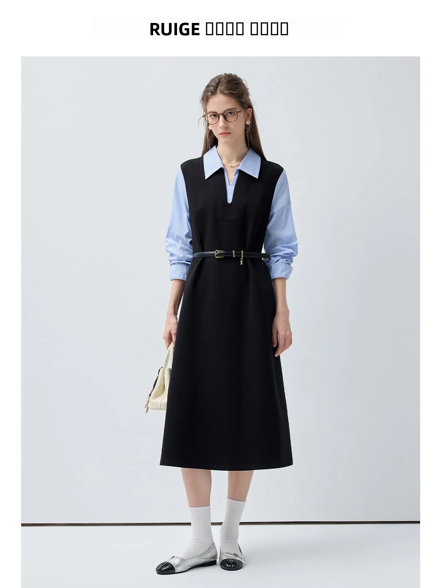 Afslankend effect Grote maten damesjurk met strepen en nep-tweedelig ontwerp Lente Nieuw Sle Plump Micro-Match Long Dr