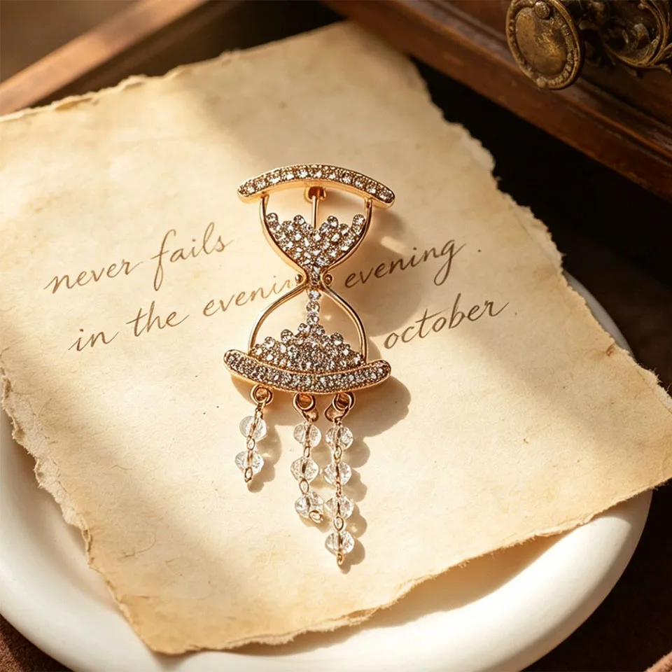 Elegant Gold Hourglass Rhinestone Brooch Crystal Tassel Pendant Lapel Pin Vintage Suit Dress Accessory for Women Clothing Decor
