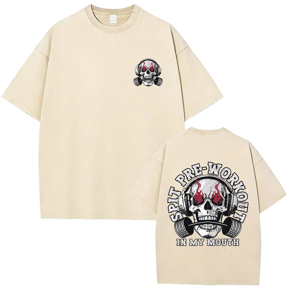

Spit Pre Workout in My Mouth Skeleton Vintage Washed T Shirt Men Women Fashion Gym Fitness T-shirt Male Oversized Retro T-shirts