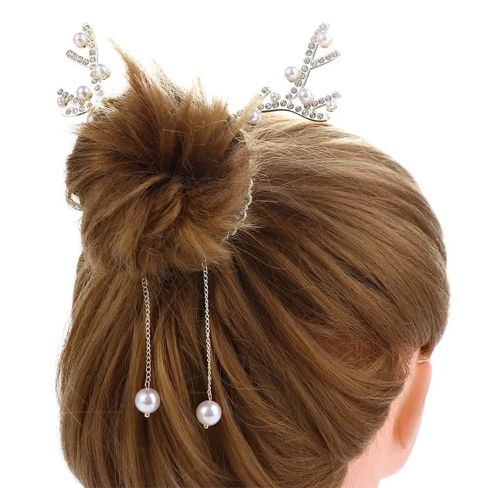 Christmas Antler Hair Fixer Pearls Pendant Hair Clip Temperament Ponytail Fixed Clip Hair Bun Fixed Clip Small Hair Claws