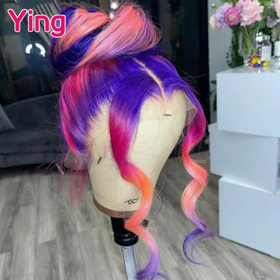 Ying roxo rosa com laranja colorido onda do corpo 13x6 peruca dianteira do laço pré-selecionado com cabelo do bebê 13x4 perucas frontais do laço cabelo humano