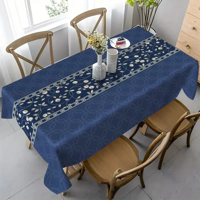 Dark blue and flower-patterned rectangular tablecloth - kitchen dining table - for home decoration