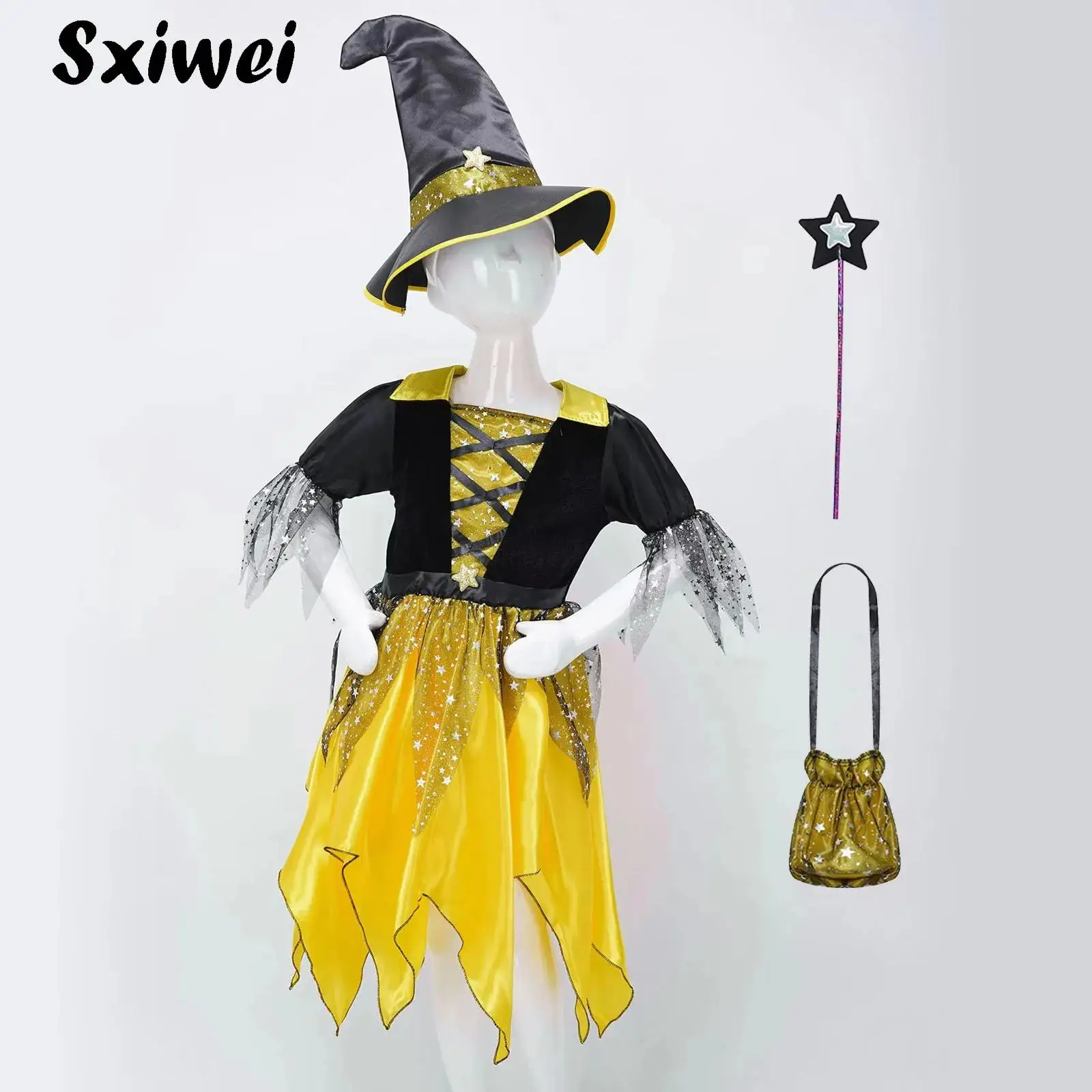 

Children’s Princess Witch Costume Glittery Mesh Tutu Dress with Hat Set for Halloween Carnival Party Witch Cosplay Performance