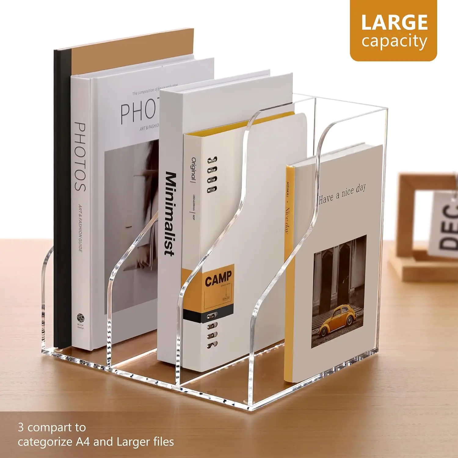 Clear Acrylic Magazine File Holder with 3 Compartments, Desk Organizer for Home Office School