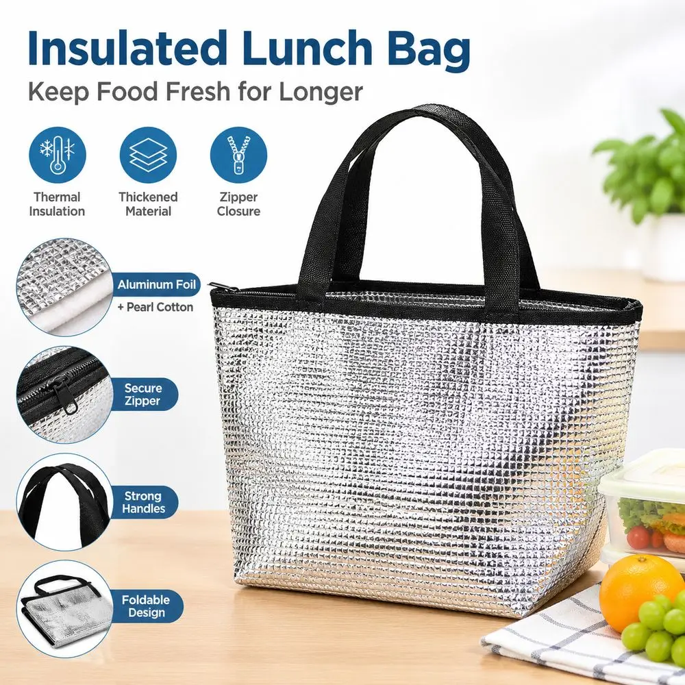 New Aluminum Foil Lining Lunch Bag Pearl Cotton Padding Zipper Closure Insulated Cooler Bag Reusable Silver Thermal Tote Picnic