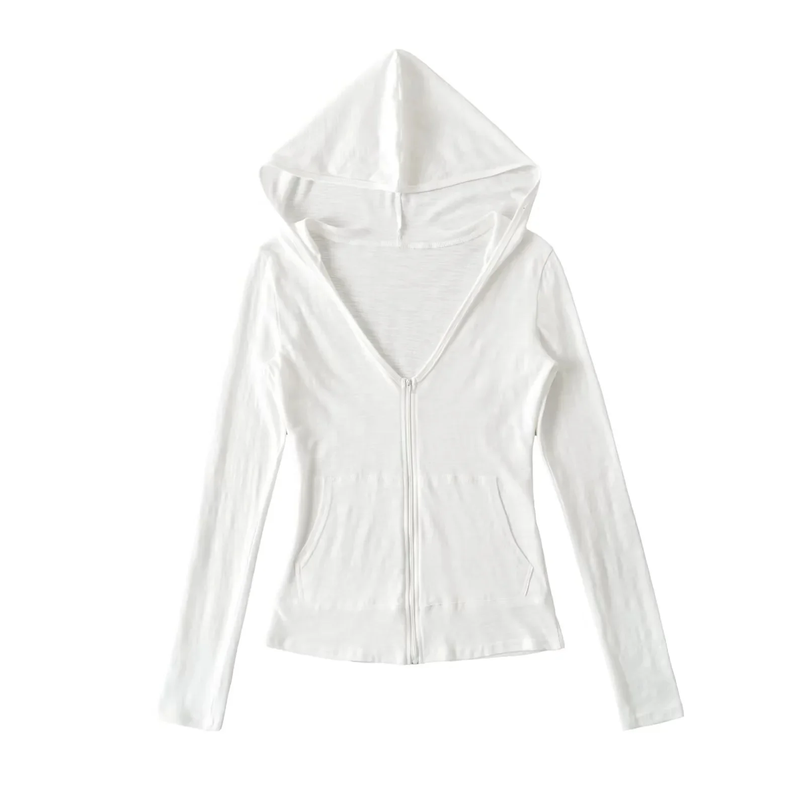 Retro americano blanco largo Sve mujer verano fino Casual Sudadera con capucha prendas de vestir exteriores cárdigan abrigo transpirable v-ne cremallera longitud ort