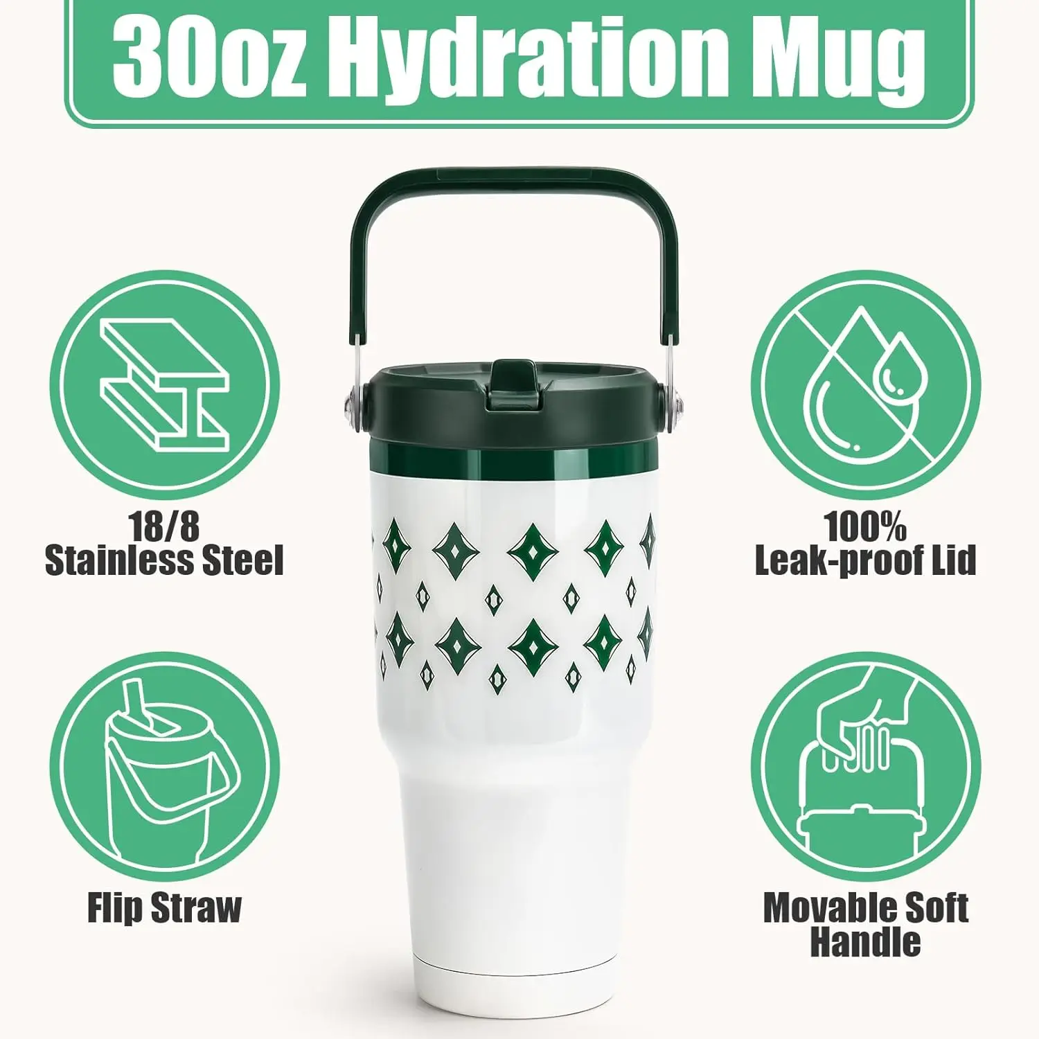 Copo de 30 onças com alça e canudo, copos isolados a vácuo com canudo flip e alça superior, copo isolado reutilizável para casa, O