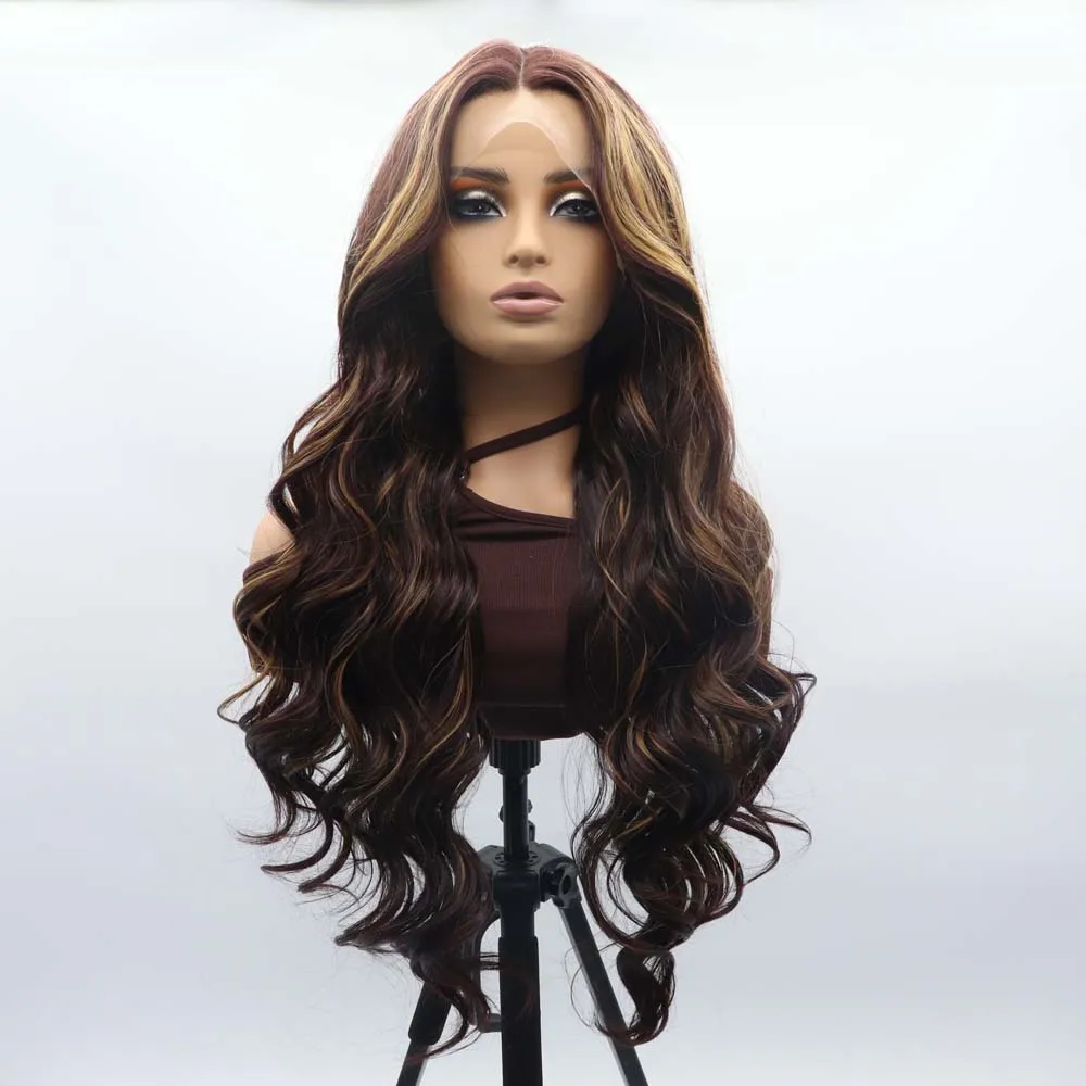 

Синтетический парик Sylvia Brown смешанного цвета с кружевной передней частью, длинные волнистые волосы с мелированием, термостойкое волокно, для женщин