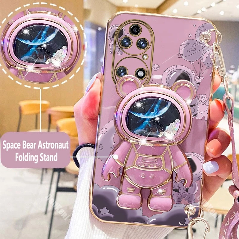 P50 Brave Astronaut Holder Lanyard Plating Phone Case For Huawei P50 P50Pro P40Pro P40 P30Pro P30 P20 P20Pro Nova 10 11 9 Cover