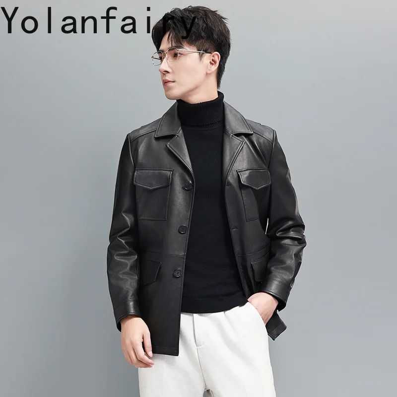 YOLANFAIRY High Quality Genuine Leather Jacket Man Clothing Mid-length Real Sheepskin Leather Coat Men's Leather Jackets 레더 자켓
