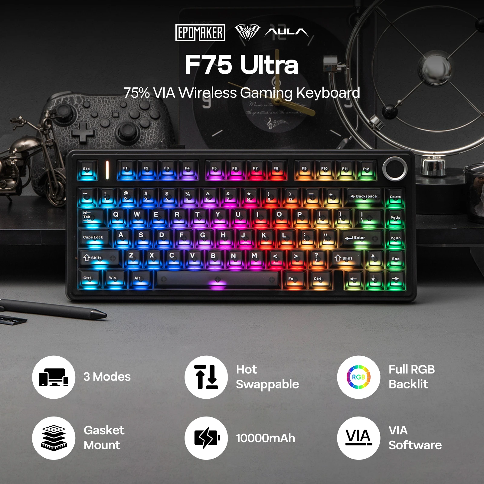EPOMAKER x AULA F75 Ultra VIA Programmable 75% ANSI US QWERTY Layout Wired/Bluetooth/2.4Ghz Wireless Mechanical Gaming Keyboard