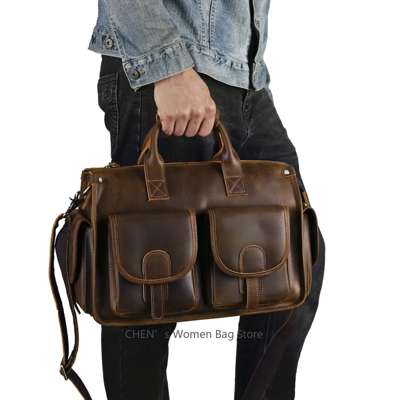 حقيبة كروس رجالية كاجوال ذات سعة كبيرة، حقيبة كتف من جلد البقر الأصلي، حقيبة يد من الجلد المدبوغ بالخضراوات #3