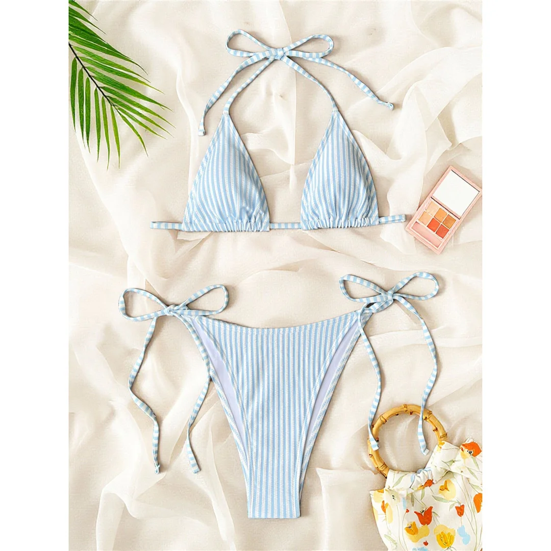 S - XL Gestreifter Neckholder-Bikini, Damen-Badeanzug, zweiteiliges Bikini-Set, hoch geschnittene Beine, Badebekleidung, Badeanzug, Schwimmbekleidung V8527 – Detail 18