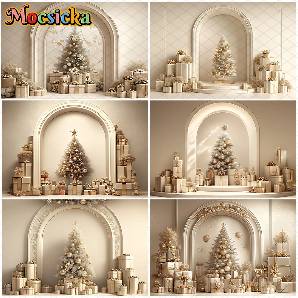 

Mocsicka Little Christmas Tree Backgrounds Photography Beige Wall Gifts Party Family Backdrops Home Decor Photo Studio Wallpaper