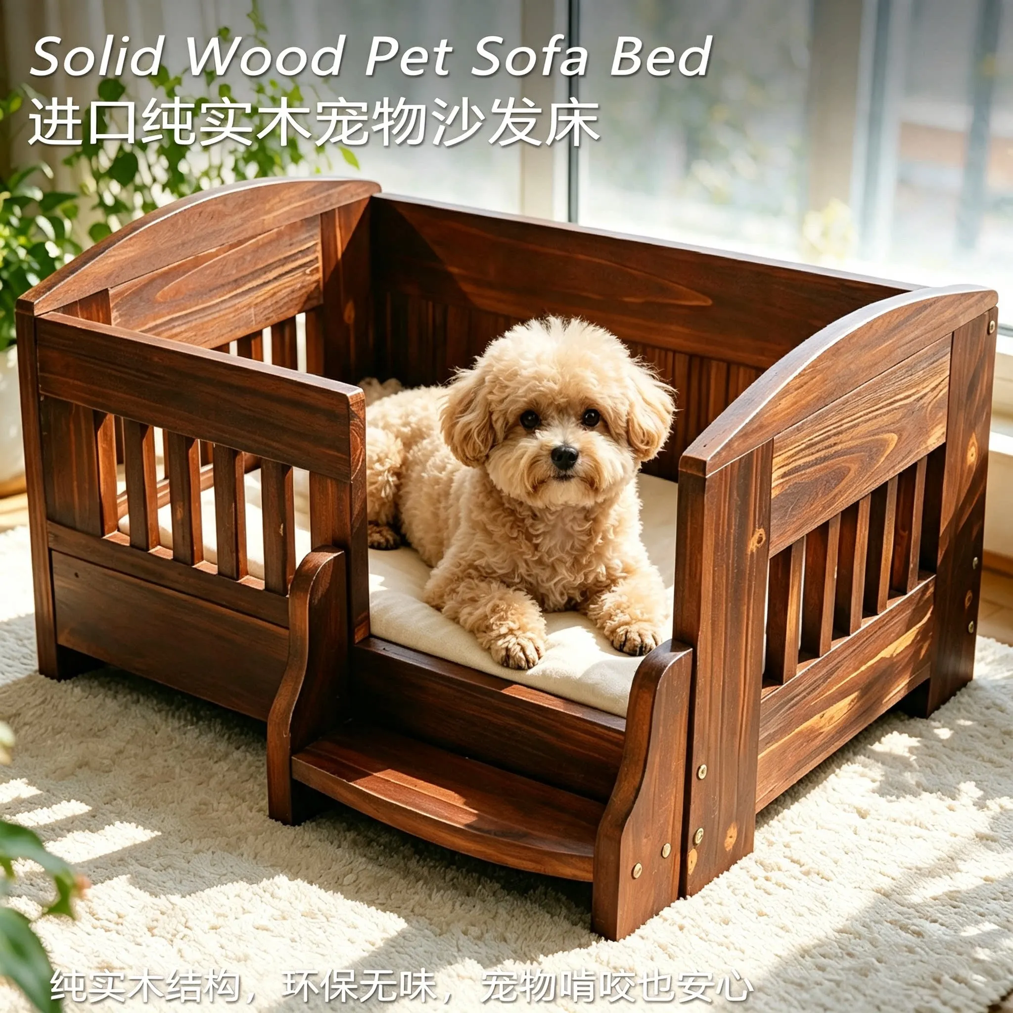 Extra Large Premium Sturdy Solid Wooden Pet Bed for Small Dogs & Cats, All-Season Balcony Use with Removable Cover,Trendy Style