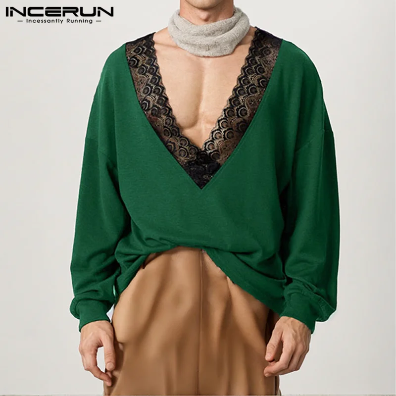 INCERUN 캐주얼 루즈 패션 스웨터 2025 남성용 긴팔 니트 풀오버 우아한 브이넥 멋진 남성 의류 스웨터