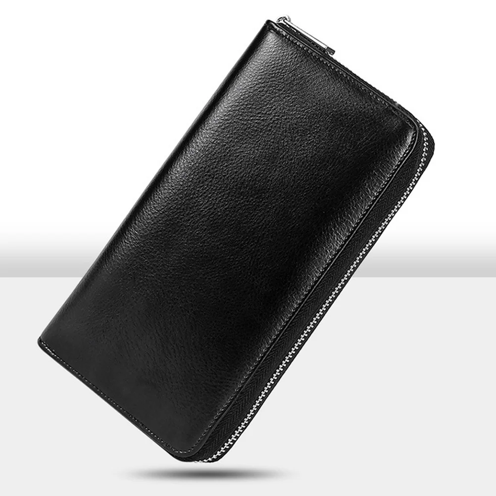 

Anti-Theft Long Zipper Clutch Wallet Black Cowhide Multi-Functional Credit Card Holder Cash Organizer Purse Unisex Coin Storage