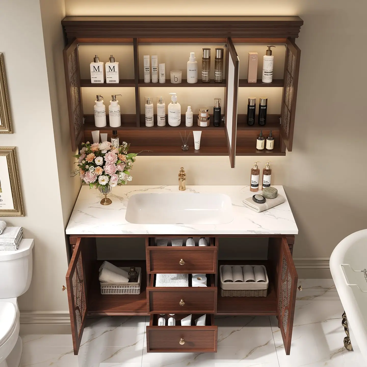Factory Direct 2026 American medieval style bathroom cabinet combination floor-to-ceiling French retro washbasin toilet washbasi view 4