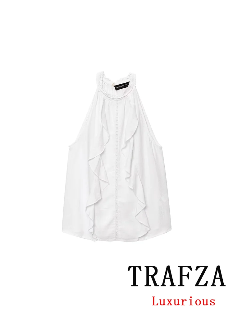 

TRAFZA Elegant Chic Women White Halter Top Layered Ruffles Sleeveless Top New Fashion 2025 Summer Casual Office Lady Holiday Top