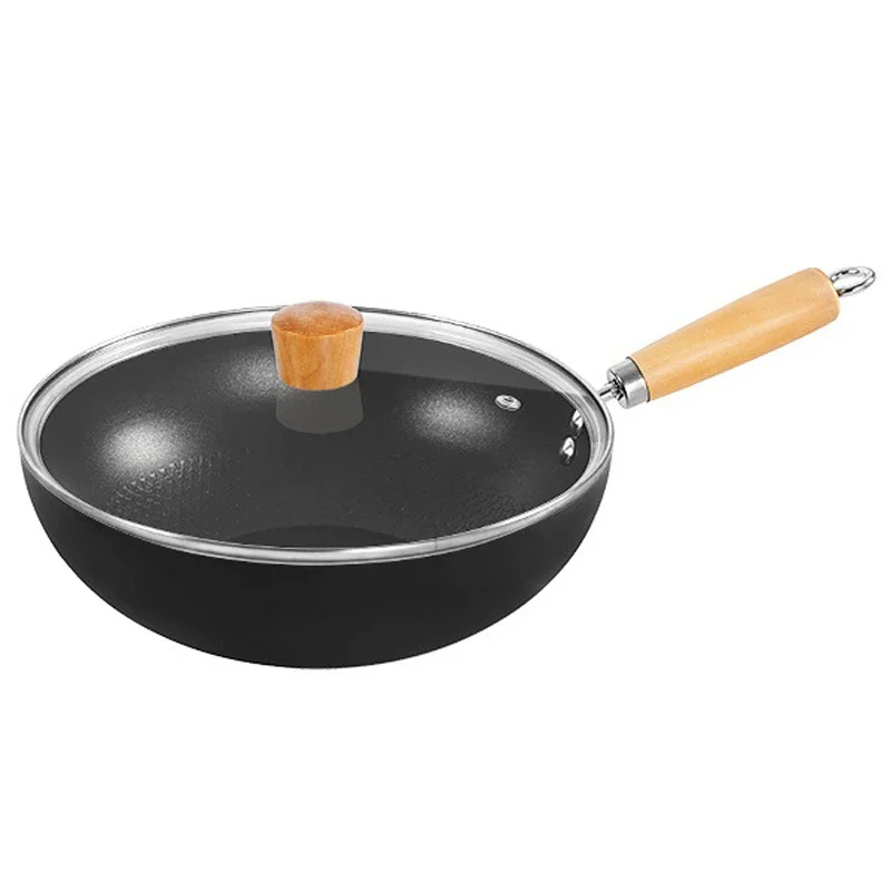 Wok Pan with Glass Lid Carbon steel frying pan Nonstick Single Person Wok Flat Bottom Cooking Pot for Kitchen 26/28cm