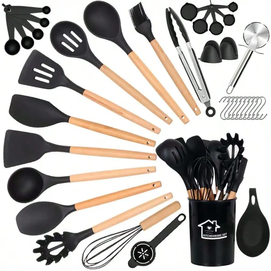 

Umite 36PCS Silicone Kitchen Set. 446°F Heat-Resistant, Wooden Handles—Tongs, Spoon, Spatula & More.