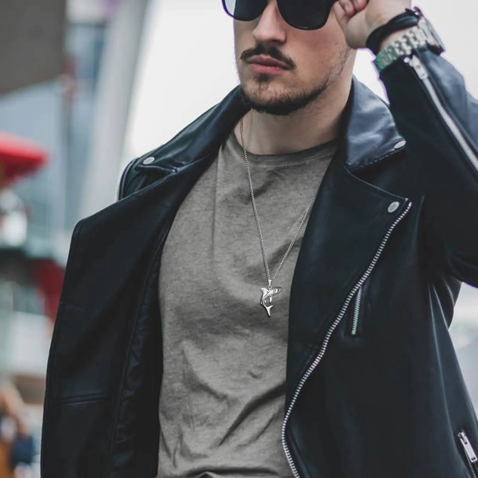 Rock Punk Shark Necklaces for Men, Cool Fashion Animal Pendant Collar Gifts Jewelry with Stainless Steel Box Chain