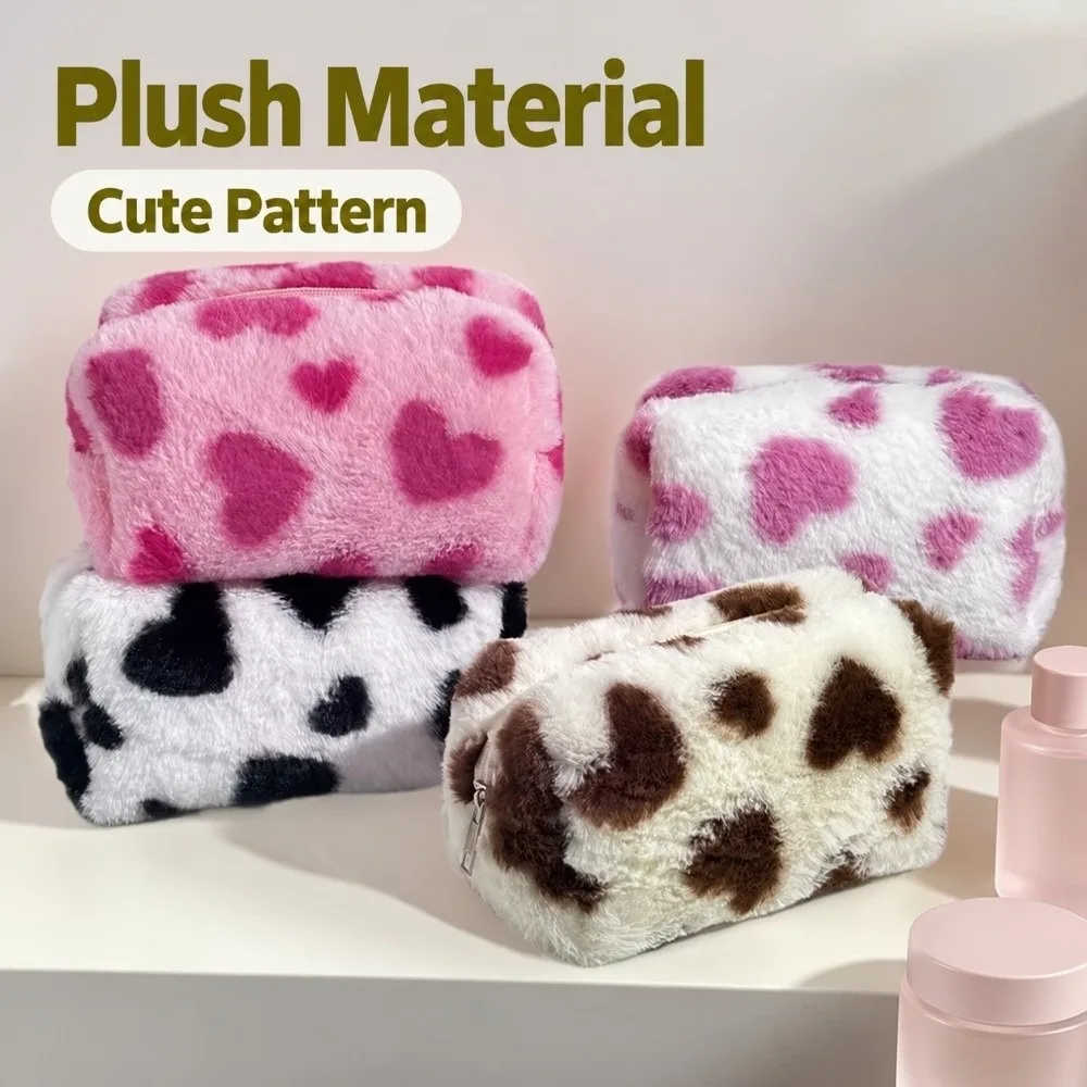 1Pc Ins Fluffy Makeup Bag Heart Print Large Capacity Toiletry Bag Makeup Pouch Women Girls