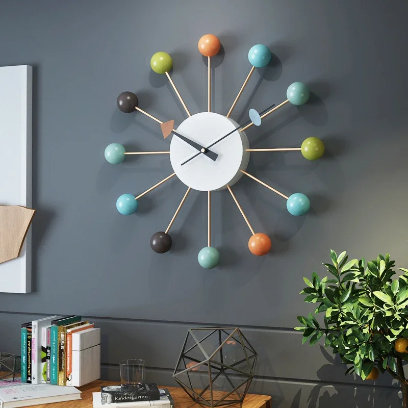 Colorful Round Small Wooden Beads Mute Large Wall Clocks Modern Creative Living Room Dining Room Bedroom Wall decor Clocks D50cm