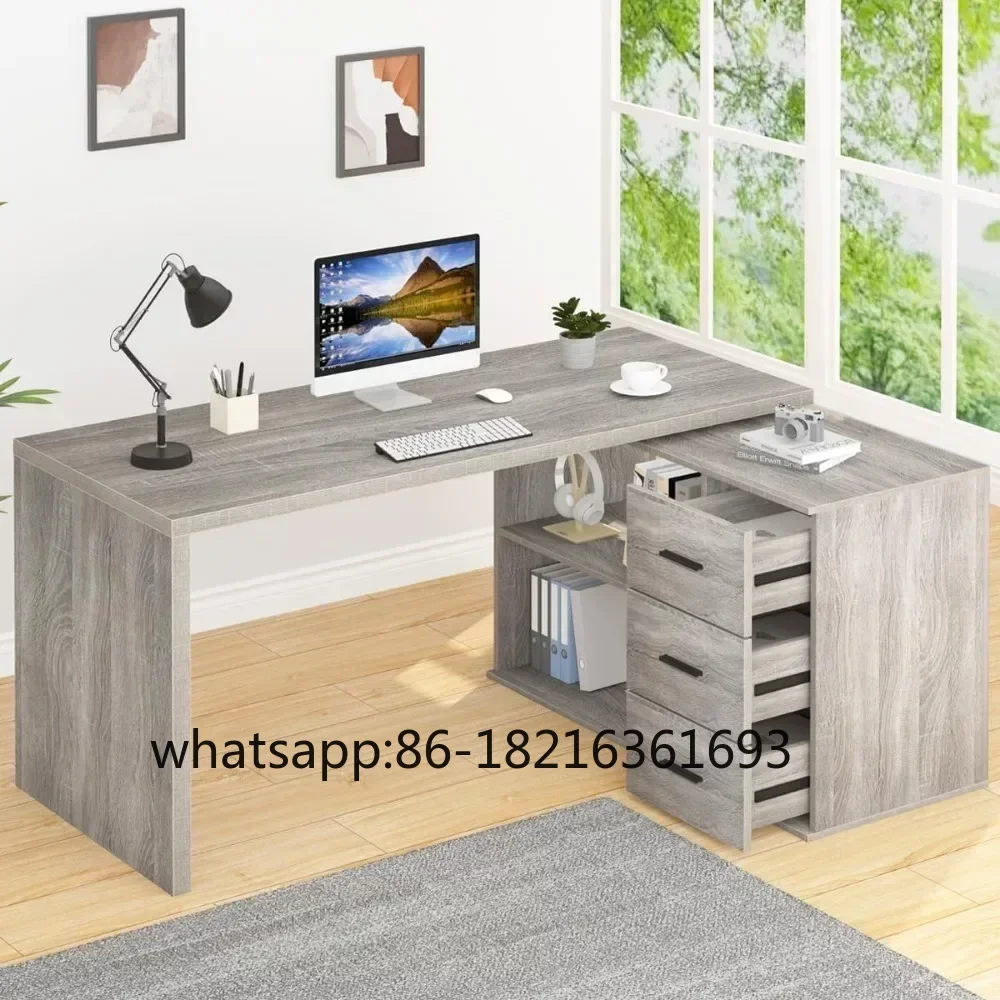 

Вращающийся на 360° L-образный компьютерный стол со шкафом для хранения, серый угловой поворотный стол, деревянный стол для ПК, руководителя, работы, учебы, письма