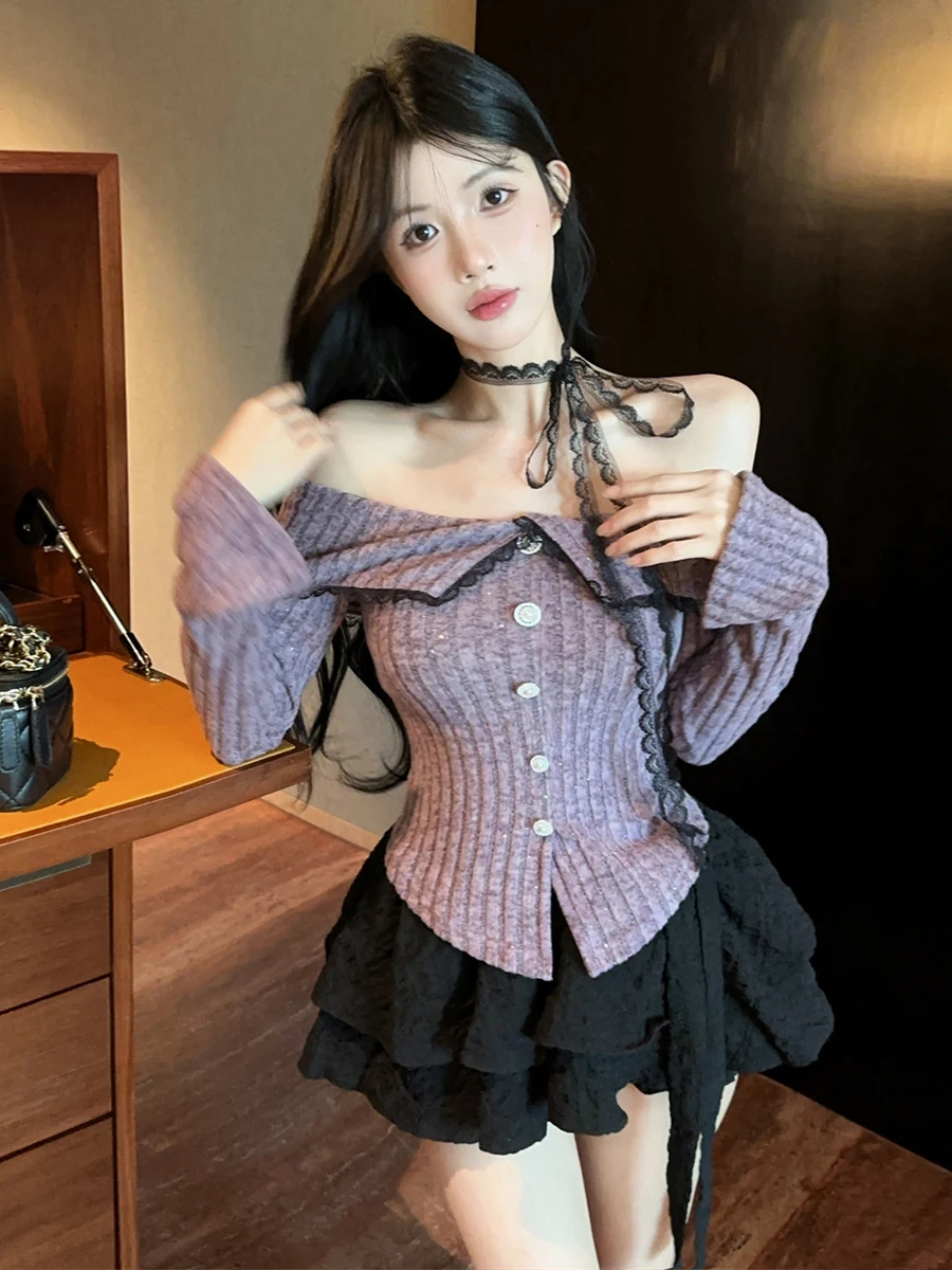 Early Autumn Chic Knitwear Bell Sleeve One Shoulder Hanging Neck Base Shirt Small Cake Skirt Set Trendy Long Sleeve 