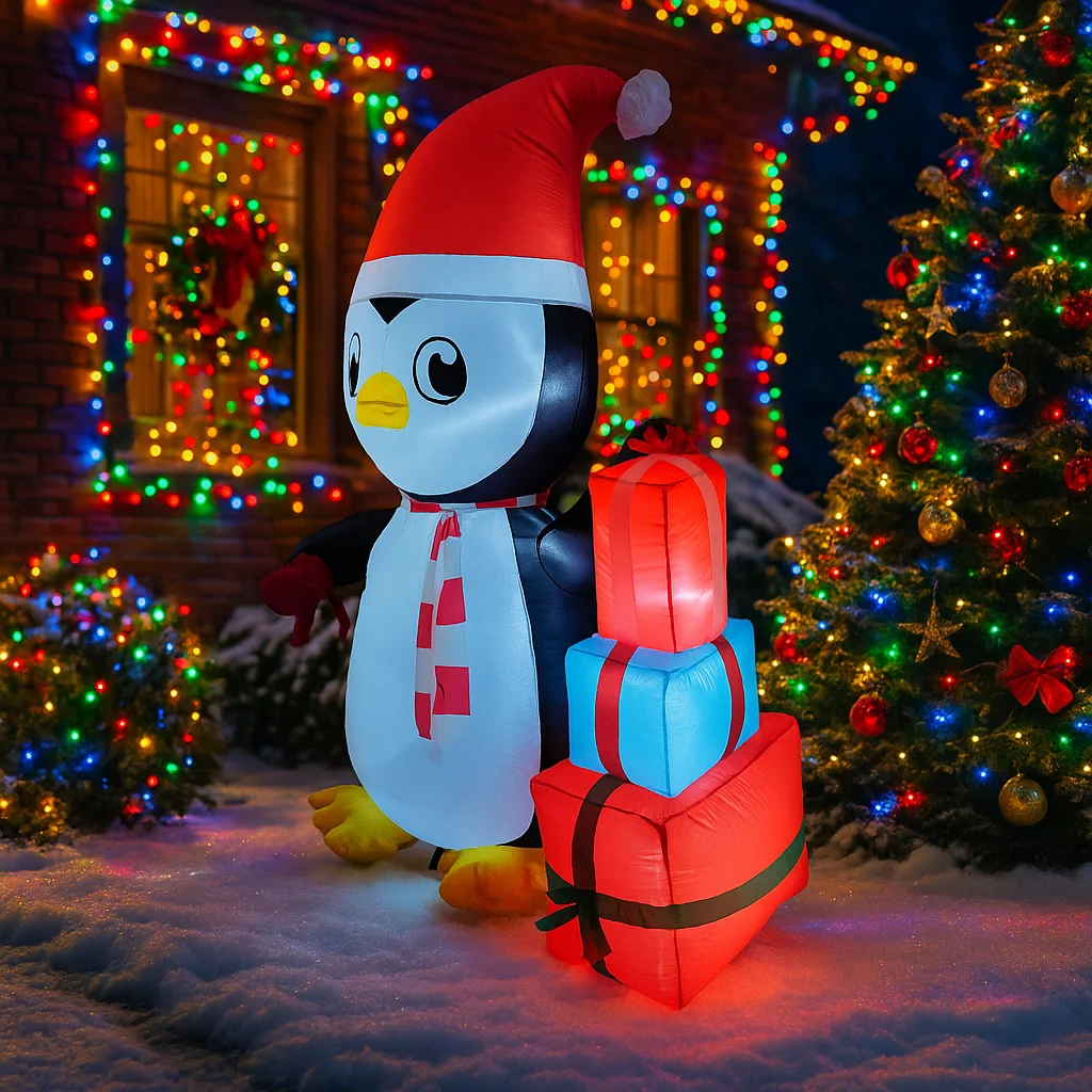 1,5 м/4,9 футов надувной рождественский пингвин с подарочными огнями, светодиодный домашний декор, игрушки для двора, рождественские принадлежности, украшения для газона, уличный декор двора