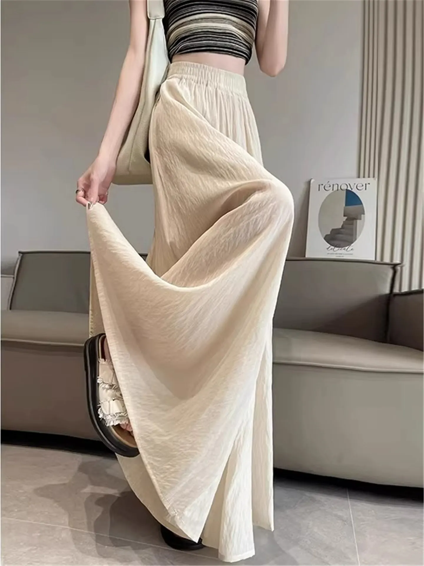 

Ice Silk Wide Leg Pants Women's Summer Thin Loose Drapey Floor-Length Harem Pants High Waist Trousers for plus Size Ladies